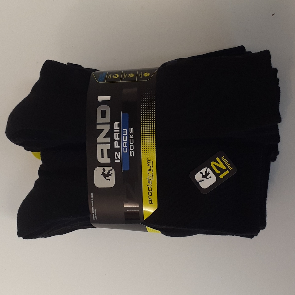And1 Black Crew Socks 12 pack mens